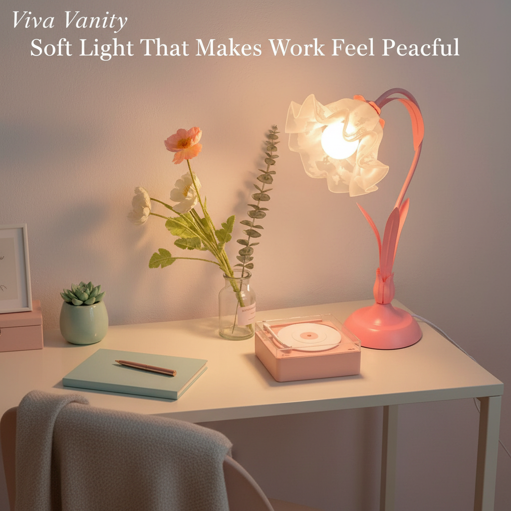 Pink desk lamp with floral design on a white surface next to a vase with flowers.