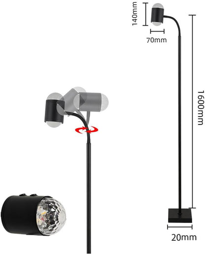 Black floor lamp with measurements on a white background