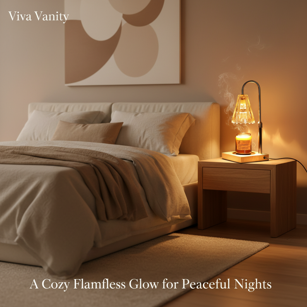 Cozy bedroom with a bed, nightstand, and lamp, featuring 'Viva Vanity' branding.