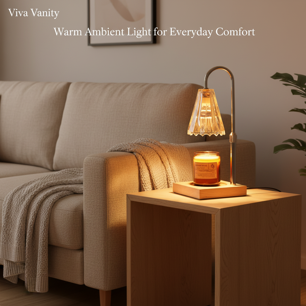 Lamp on a side table next to a sofa with 'Viva Vanity' text above.