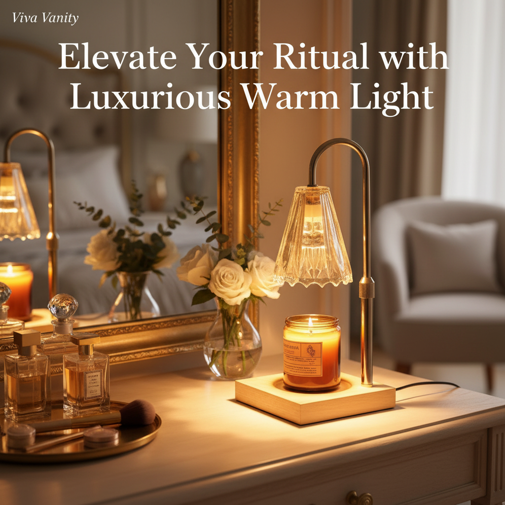 Decorative lamp with a candle inside, placed on a wooden base against a wall with circular decorations.