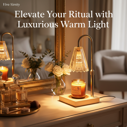 Decorative lamp with a candle inside, placed on a wooden base against a wall with circular decorations.