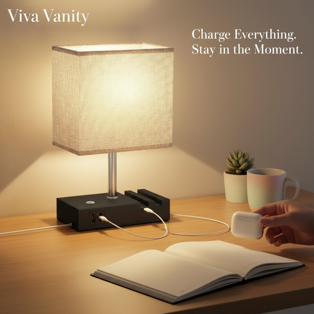 Table lamp with multiple charging ports on a wooden surface, with inset images of light bulbs.