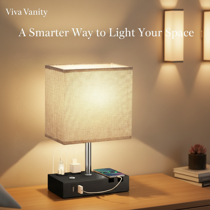 Table lamp with charging station on a wooden surface, featuring Viva Vanity branding.