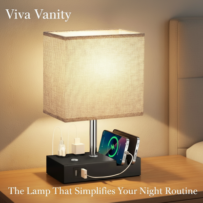 Table lamp with multiple charging ports on a nightstand, featuring Viva Vanity branding.