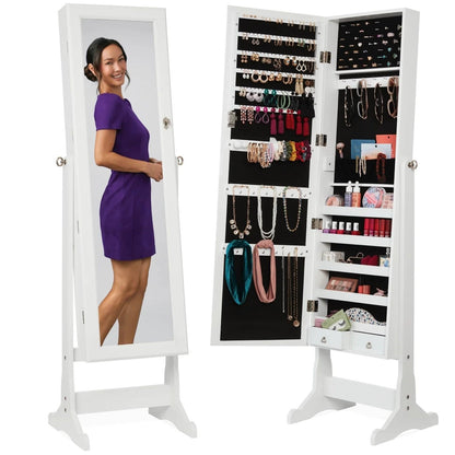 White freestanding jewelry armoire with tilting full-length mirror