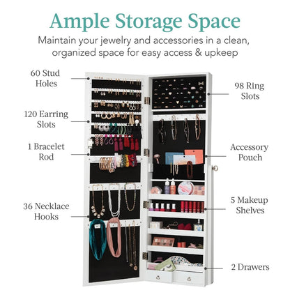 Open white jewelry armoire with hooks, slots, shelves, and cubbies