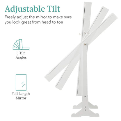 White freestanding jewelry cabinet shown at an adjustable mirror angle