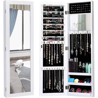 2-in-1 White Wall or Door Mounted Jewelry Organizer with Full-Length Mirror – Lockable Storage Cabinet