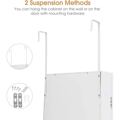 2-in-1 White Wall or Door Mounted Jewelry Organizer with Full-Length Mirror – Lockable Storage Cabinet