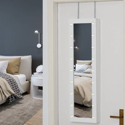 White Door/Wall-Mounted Jewelry Armoire Cabinet with Mirror and LED Lights