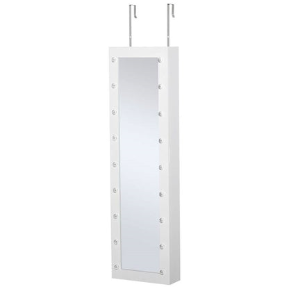 White Door/Wall-Mounted Jewelry Armoire Cabinet with Mirror and LED Lights