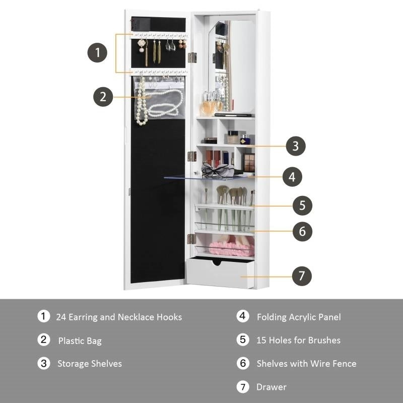 White Door/Wall-Mounted Jewelry Armoire Cabinet with Mirror and LED Lights
