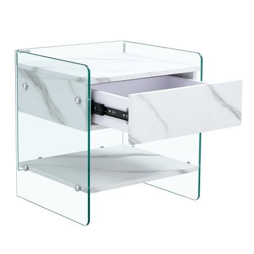 Viva Nocturne Elite White Glass Nightstand – Premium 1-Drawer Tempered Glass Bedside Table