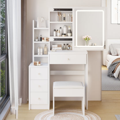 A white bedroom vanity set with a cushioned stool, a mirror with a touch control sliding light system, and multiple drawers and shelves for storage.