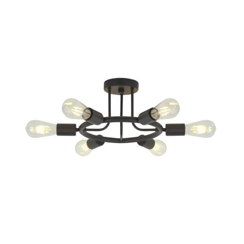 Modern 6-Light Sputnik Chandelier – Semi-Recessed Black Ceiling Light for Dining Room, Living Room & Entryway