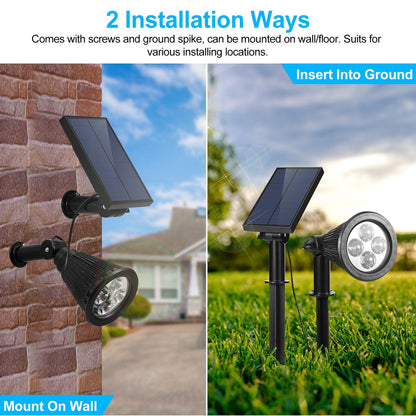 Solar light installation methods on wall and ground with text indicating installation options.