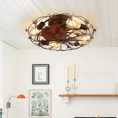 Low Profile Cage Ceiling Fan with Light & Remote Control – Modern Industrial Design for Smart Living Spaces