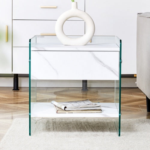 Viva Nocturne Elite White Glass Nightstand – Premium 1-Drawer Tempered Glass Bedside Table