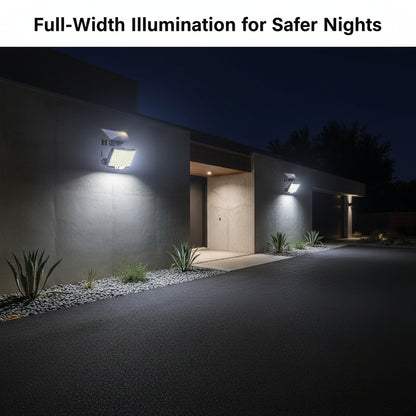 Modern house exterior with security lights on a dark night, text 'Full-Width Illumination for Safer Nights'.