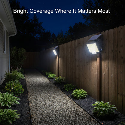Outdoor pathway illuminated by security lights with text 'Bright Coverage Where It Matters Most'.