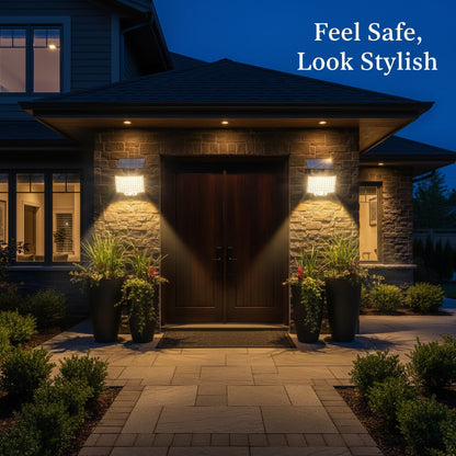 Solar-powered outdoor light fixture with remote control on a white background