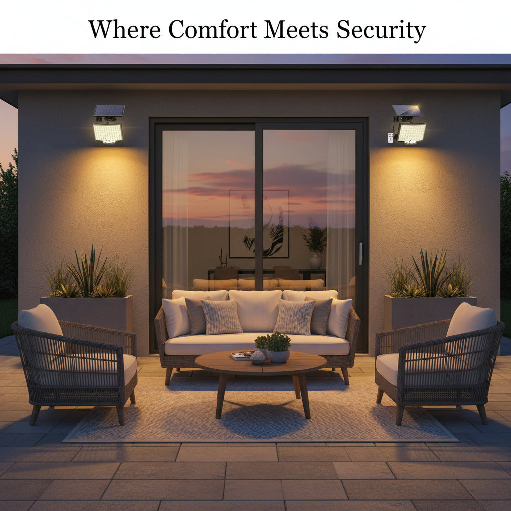 Solar-powered outdoor light fixture with remote control on a white background