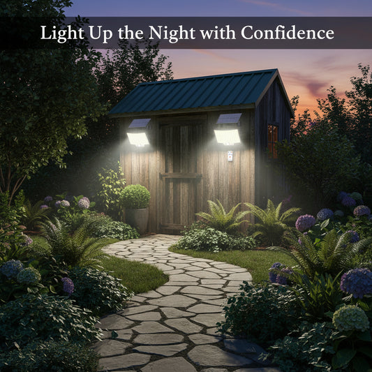 Solar-powered outdoor light fixture with remote control on a white background