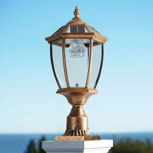 Vintage Gold Solar Pillar Headlight with Dimmable LED – Elegant Outdoor Lighting Solution