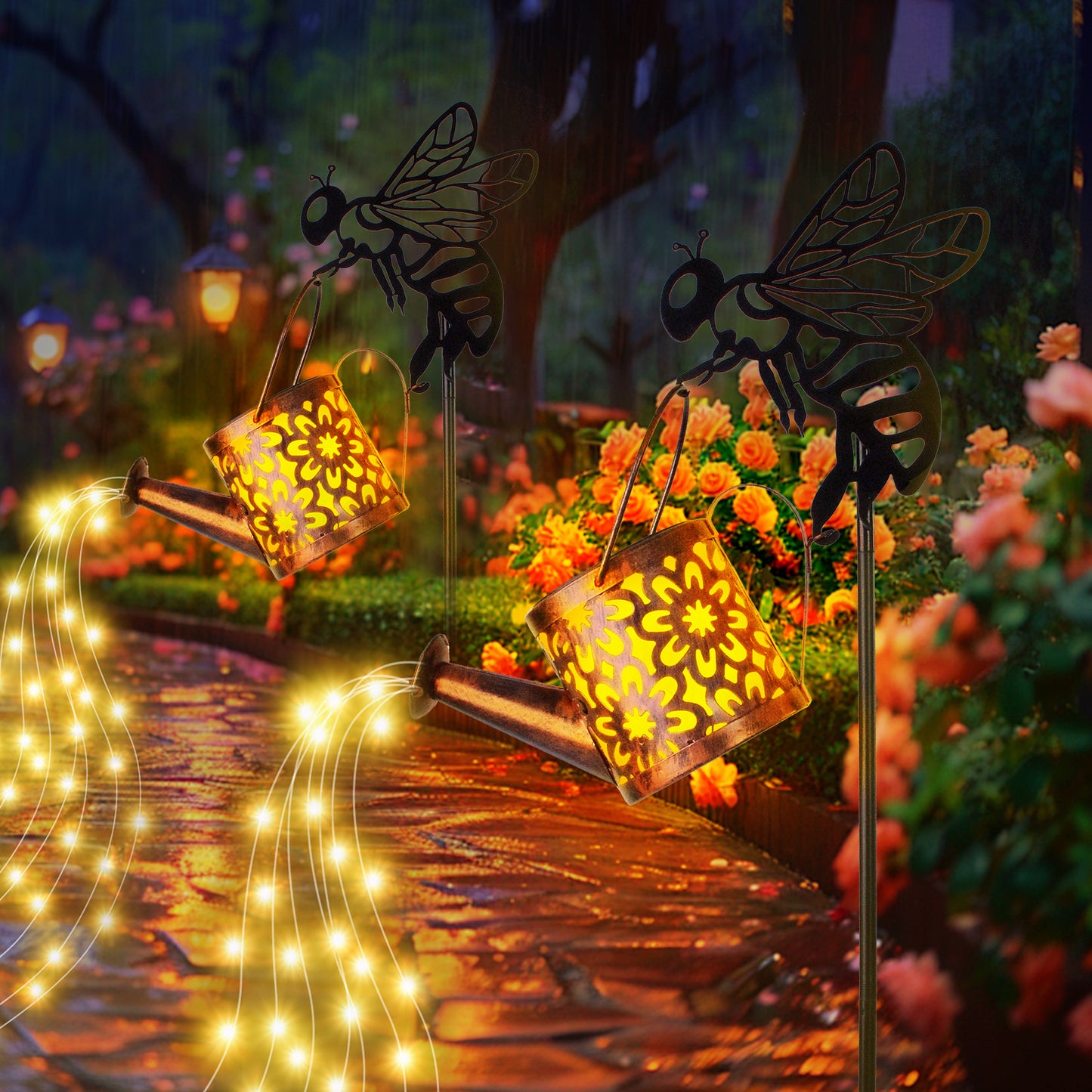 Decorative garden lights shaped like bees with lanterns and string lights on a pathway.