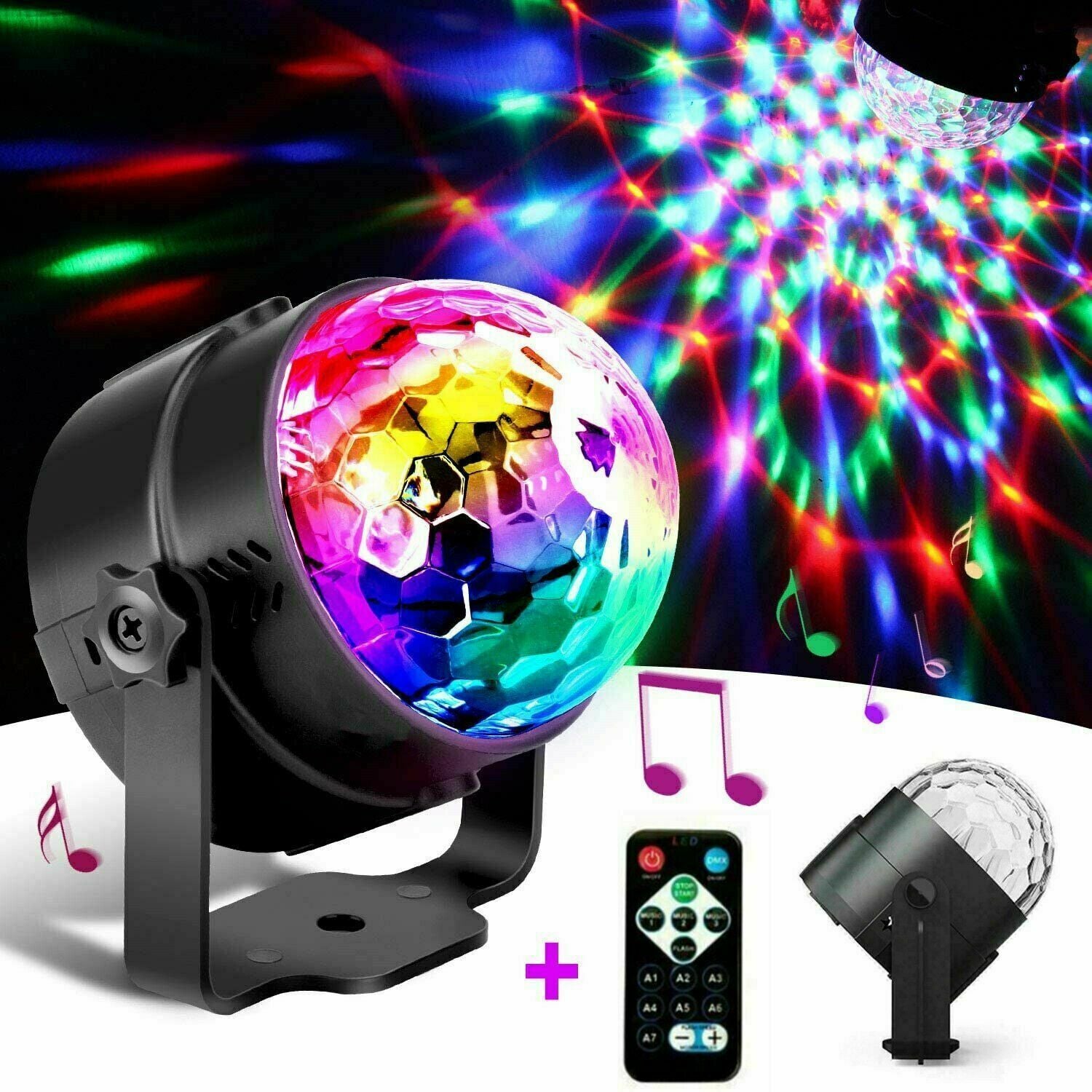 Colorful disco ball with remote control on a white background