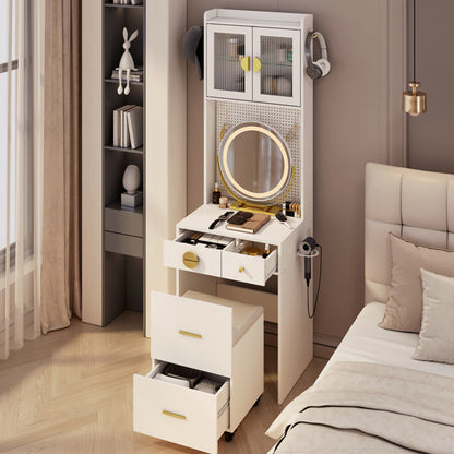 A modern white dressing table set with a large LED round mirror and a cushioned stool, placed in a bedroom setting.