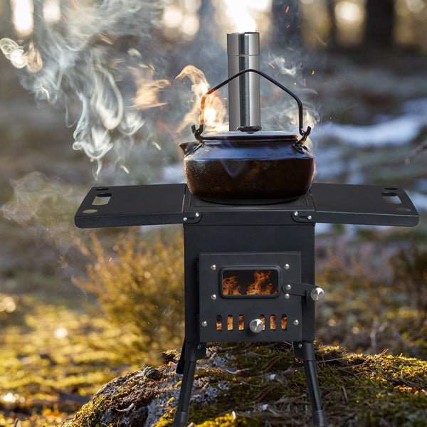 Black Wrought Iron Camping Stove with Chimney – Durable & Efficient Outdoor Cooking