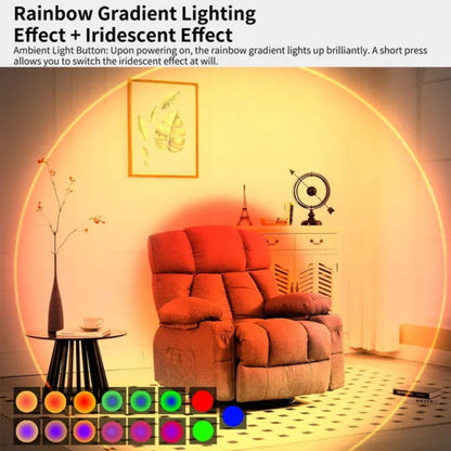 Living room with a recliner chair illuminated by a rainbow gradient light effect.