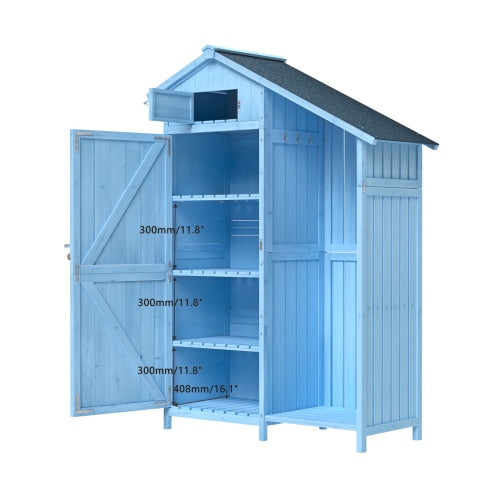 Outdoor Wooden Storage Shed – 46.45'' x 21.25'' x 70'' Garden Tool Cabinet with Waterproof Asphalt Roof, Multi-Tier Shelves – Blue