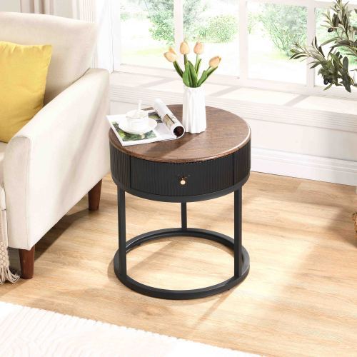 black round nightstand tabletop and drawer detail