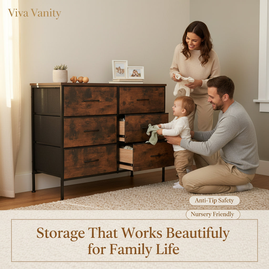 Wooden dresser with metal frame on a white background