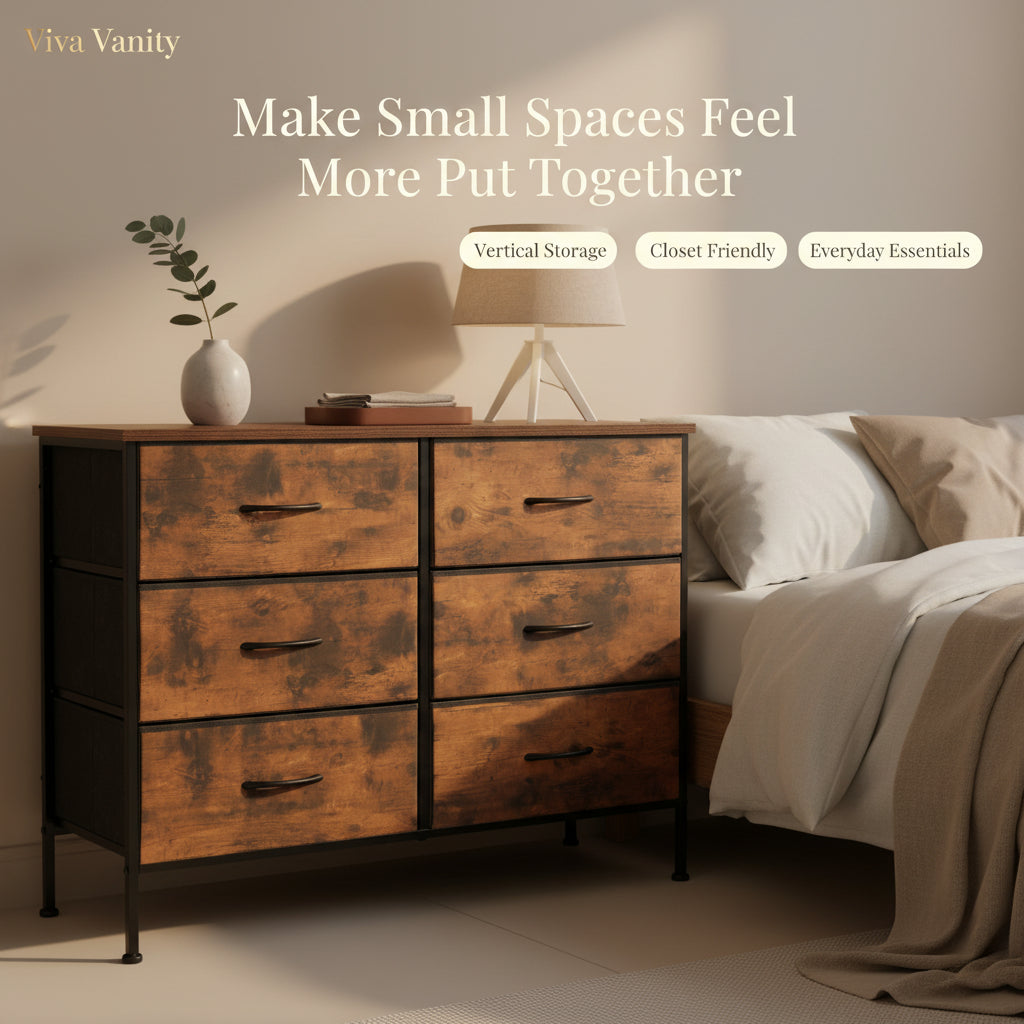 Wooden dresser with metal frame on a white background