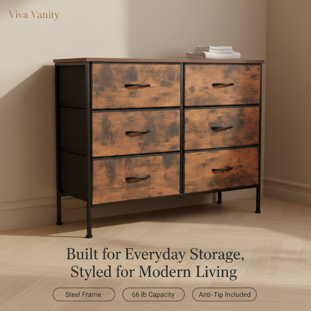 Wooden dresser with metal frame on a white background