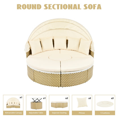 Luxury Outdoor Round Sectional Sofa Set | Premium Rattan Sunbed with Retractable Canopy