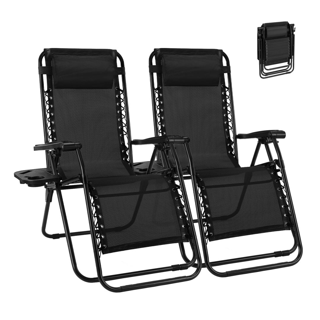 Two black zero-gravity chairs with armrests on a white background