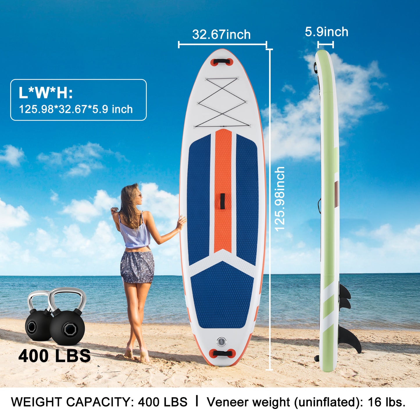 Inflatable stand-up paddleboard with measurements and weight capacity on a beach background