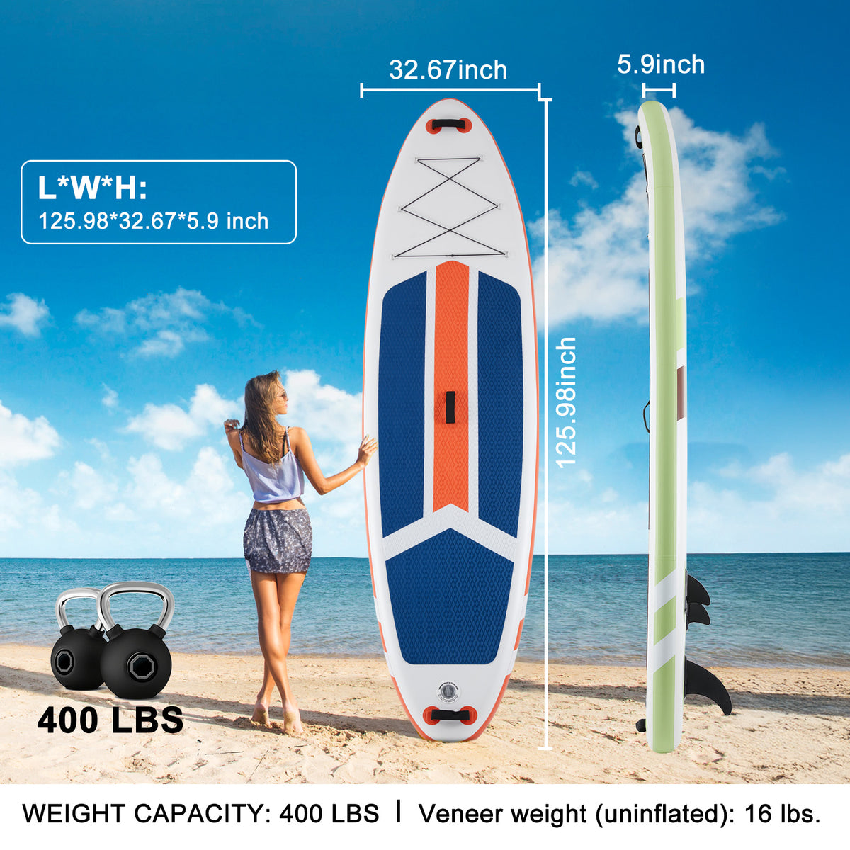 Inflatable stand-up paddleboard with measurements and weight capacity on a beach background