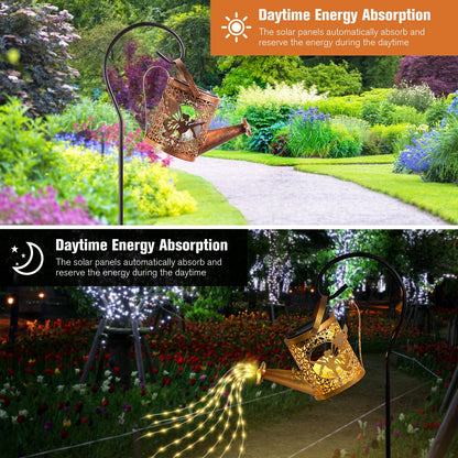 Solar-powered garden light with watering can design in a garden setting