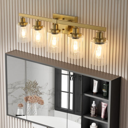 Gold 5-Light Vanity Light with Clear Glass Shade – Modern Bathroom Wall Fixture