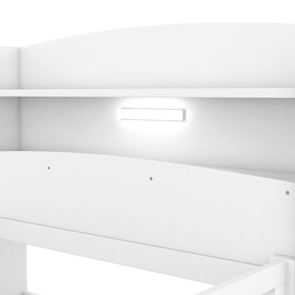 Wood Twin Size Platform Bed With Built-in LED Light, Storage Headboard And Guardrail, White