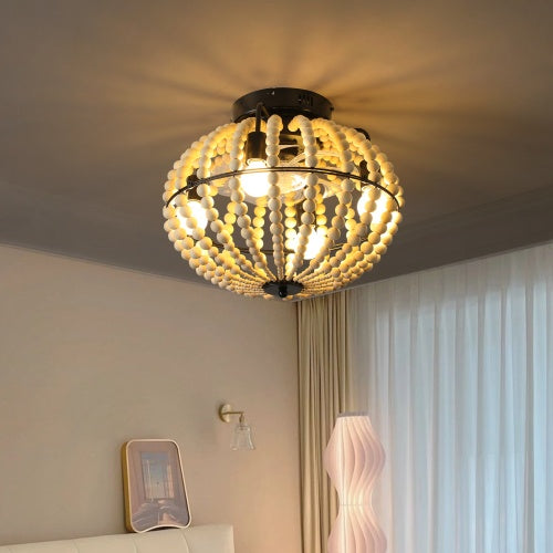 Elegant Beaded Fan Lamp | Handcrafted Wooden Chandelier in Oak White