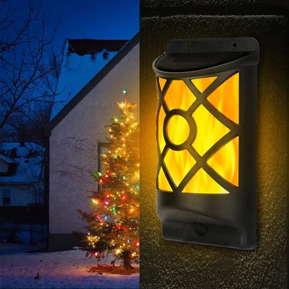 Solar-powered outdoor light fixture with a Christmas tree in the background