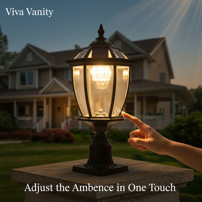 Decorative outdoor lamp post on a driveway leading to a house with 'Viva Vanity' branding 1