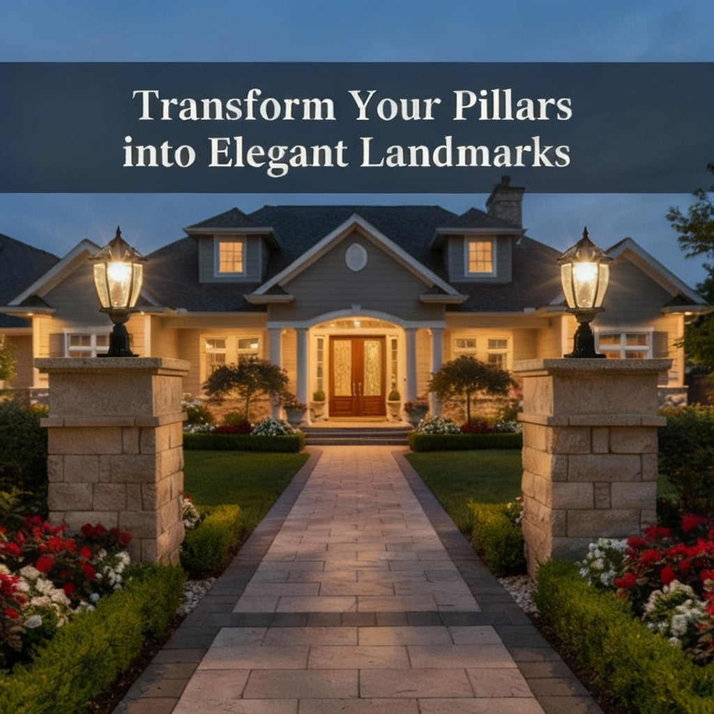 Solar-powered outdoor lamp on a pedestal in front of a house